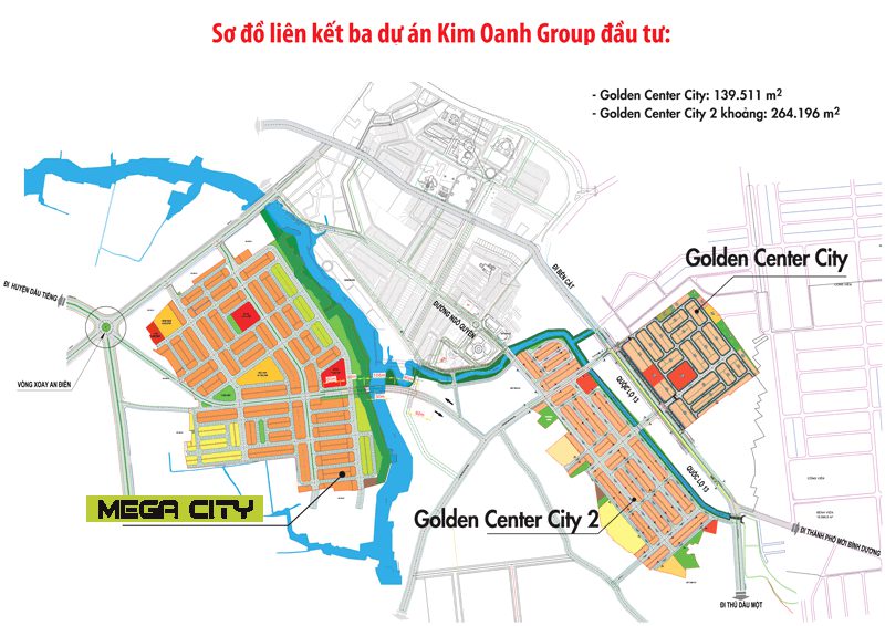 Sơ đồ liên kết vị trí 3 dự án lớn của công ty Kim Oanh: Golden 1, 2 và Mega City